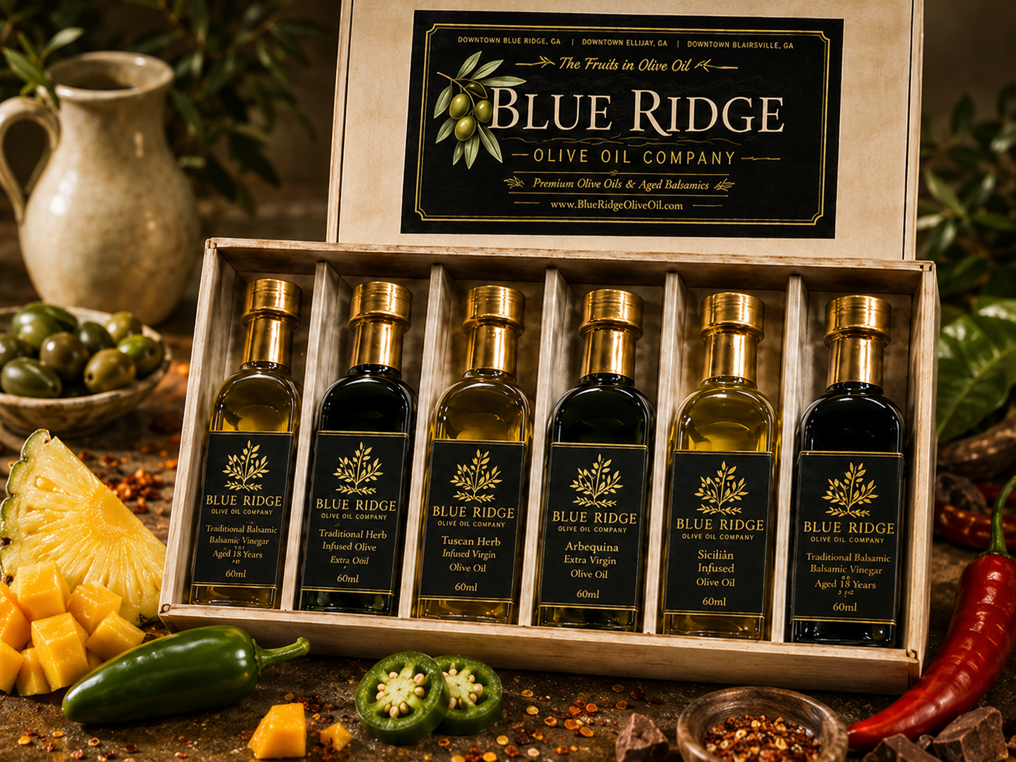 Blue Ridge Olive Oil Company Kick It Up A Notch six-bottle gift set