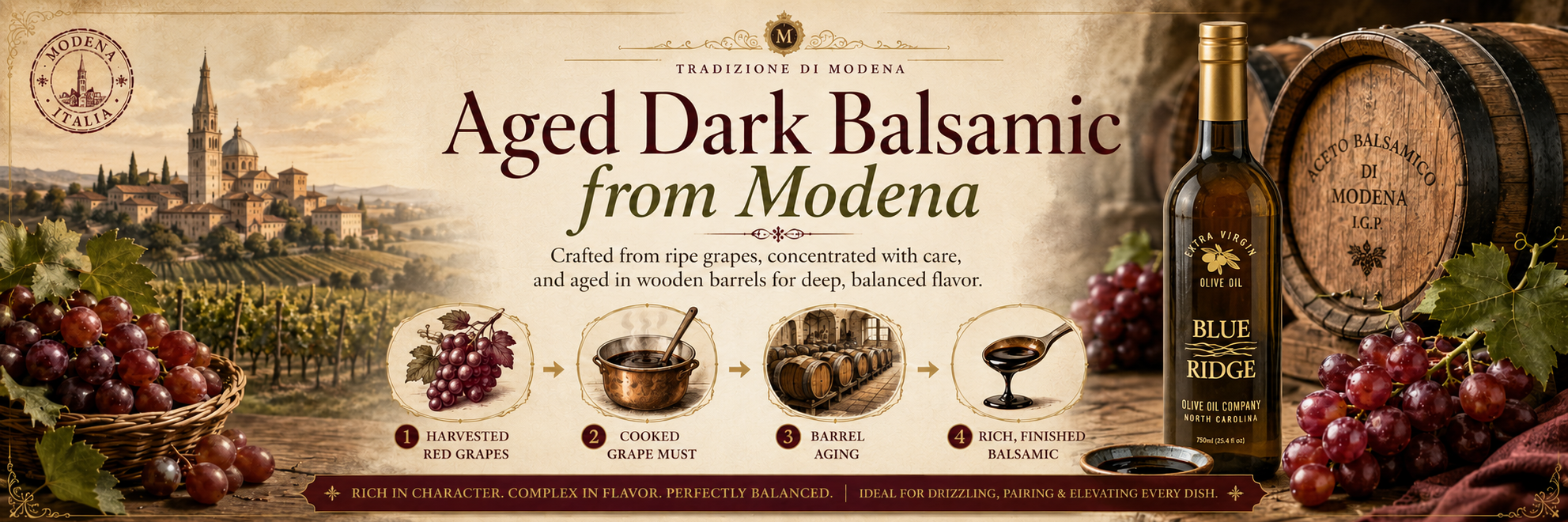 Aged Dark Balsamic from Modena - crafted from ripe grapes and aged in wooden barrels