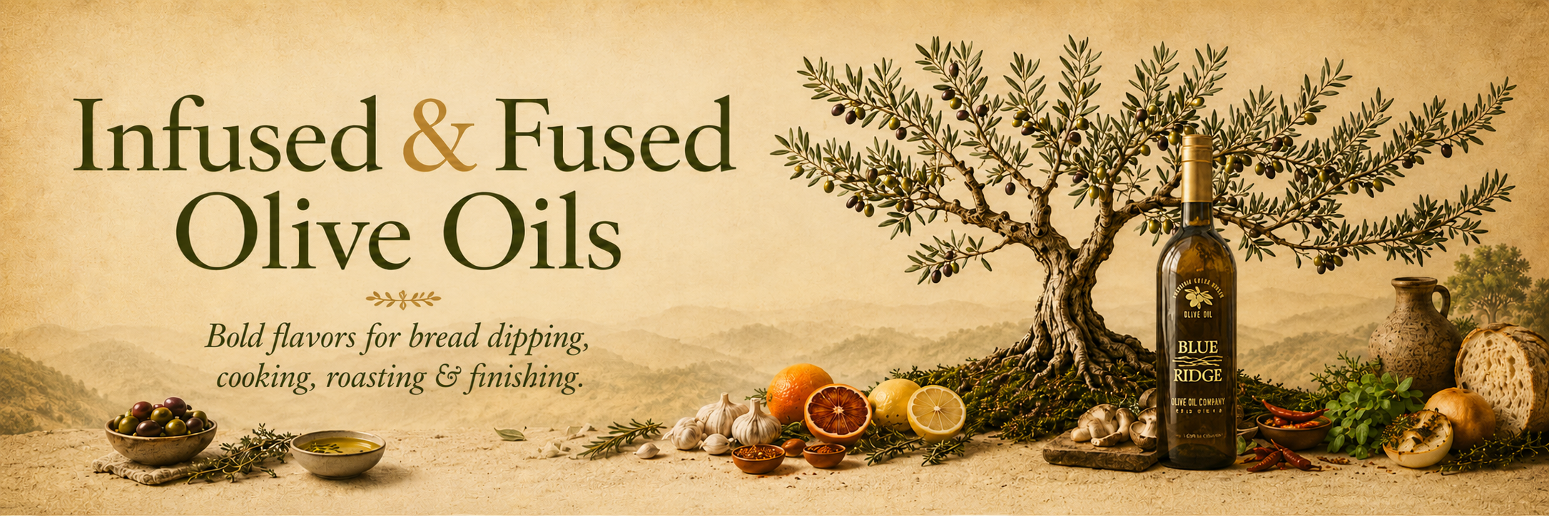 Infused and Fused Olive Oils - Bold flavors for bread dipping, cooking, roasting and finishing