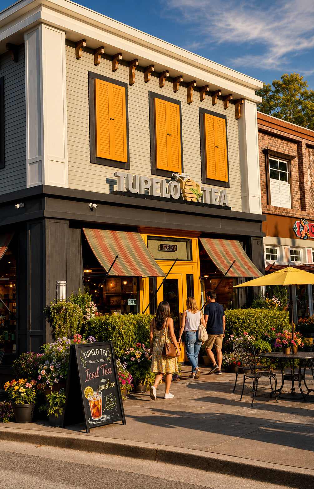 The Tupelo Tea storefront next door in downtown Blue Ridge, Georgia