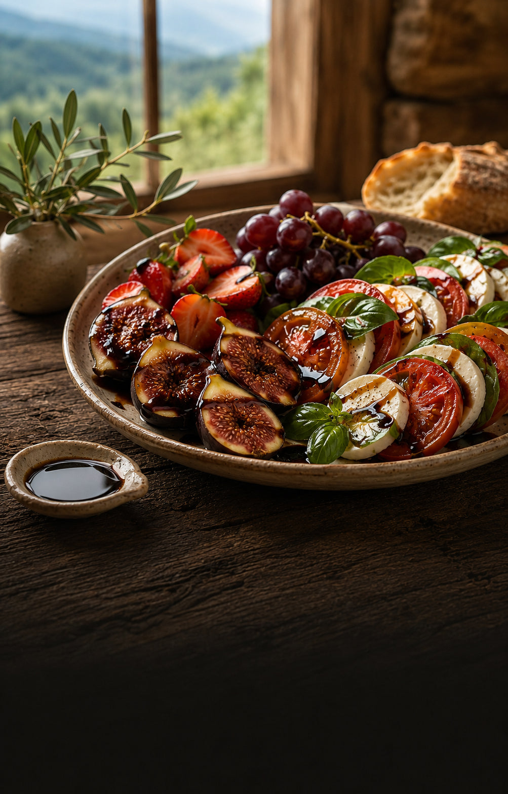 Dark balsamic vinegar with glazed figs, strawberries, grapes and caprese