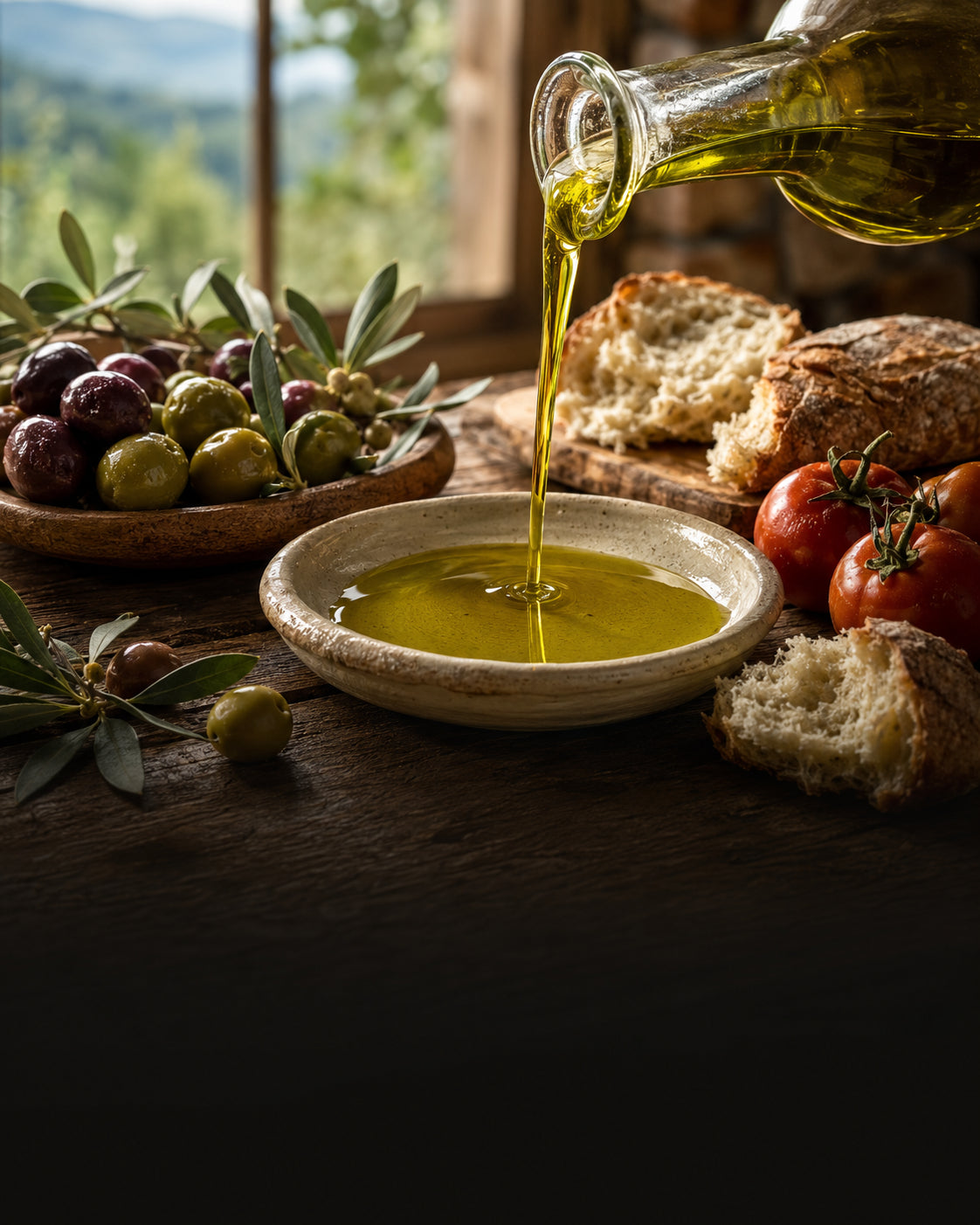 Fresh extra-virgin olive oil with olives, artisan bread and tomatoes