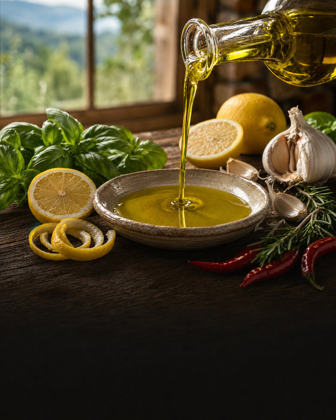 Infused and fused olive oils with lemon, basil, garlic, rosemary and red chilies