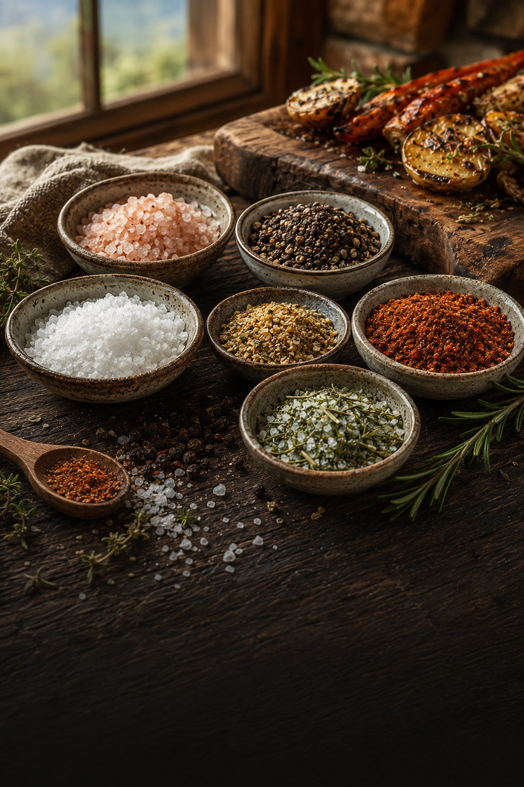 Artisan sea salts, herb blends and colorful seasoning rubs in ceramic bowls
