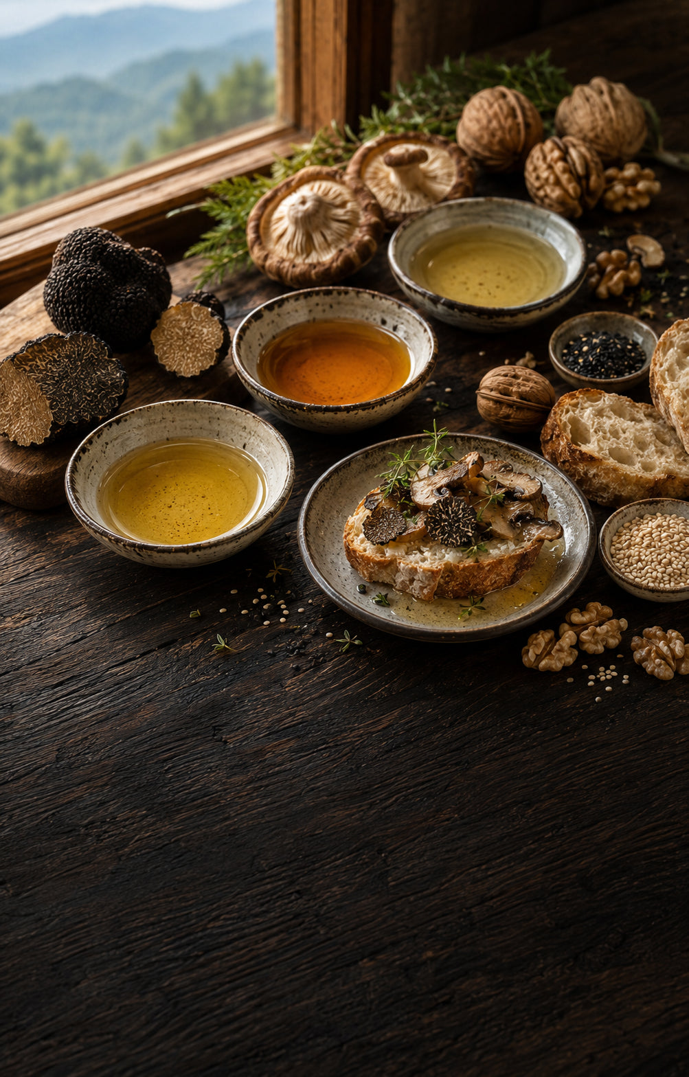 Specialty truffle, walnut and sesame oils with mushrooms and artisan crostini