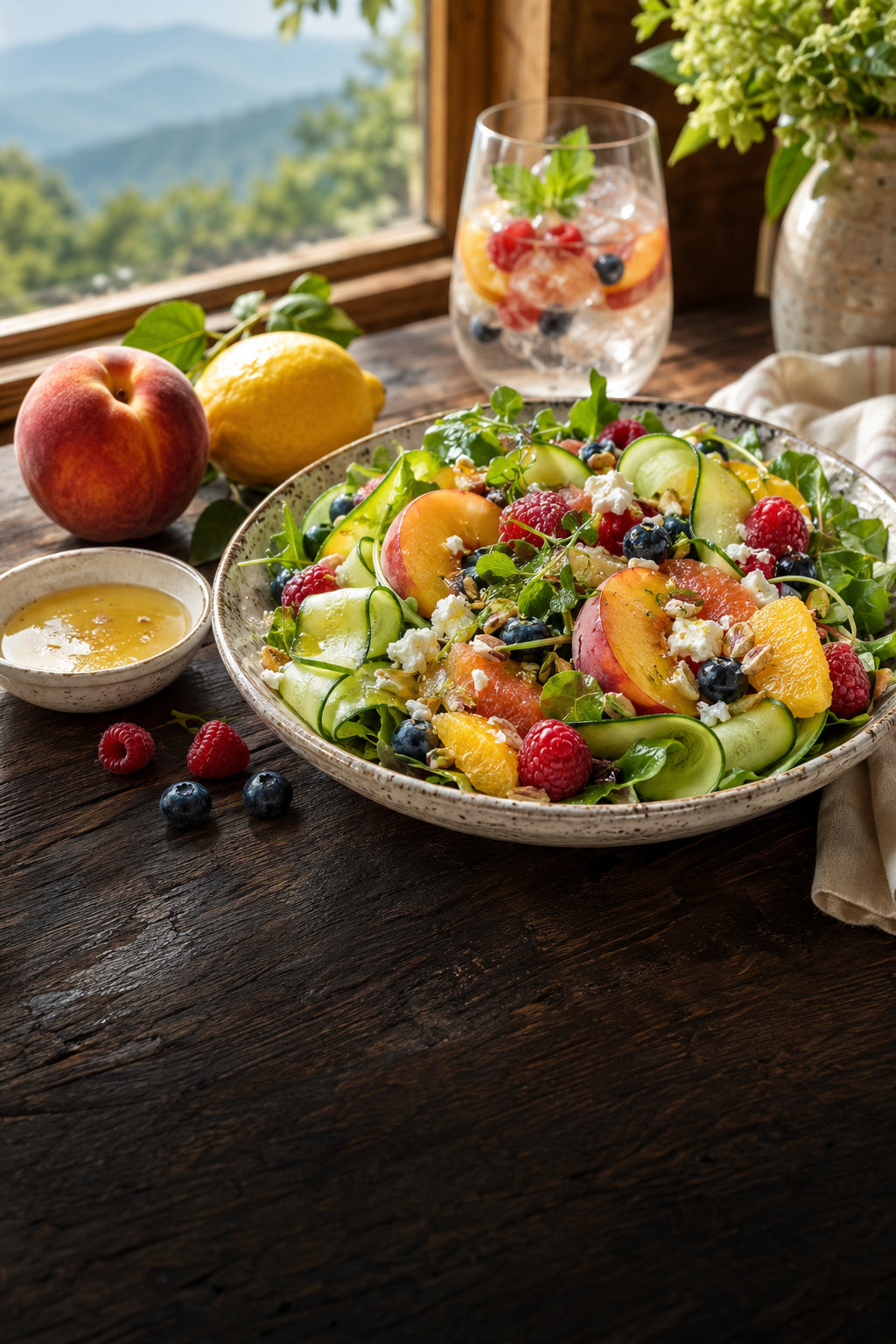White balsamic vinegar with peaches, citrus, berries and a fresh summer salad
