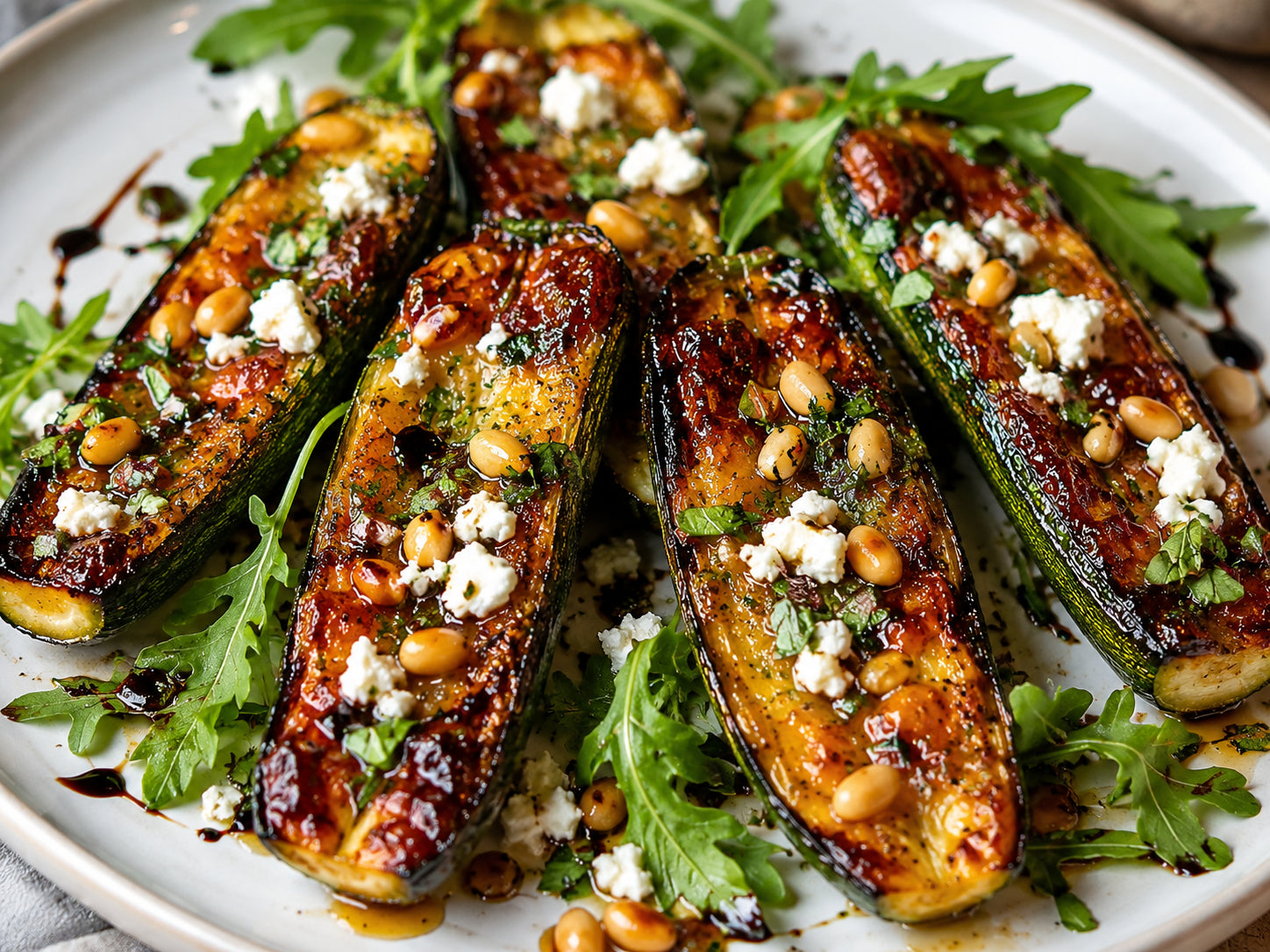Honey-Garlic Roasted Zucchini with Goat Cheese & Pine Nuts